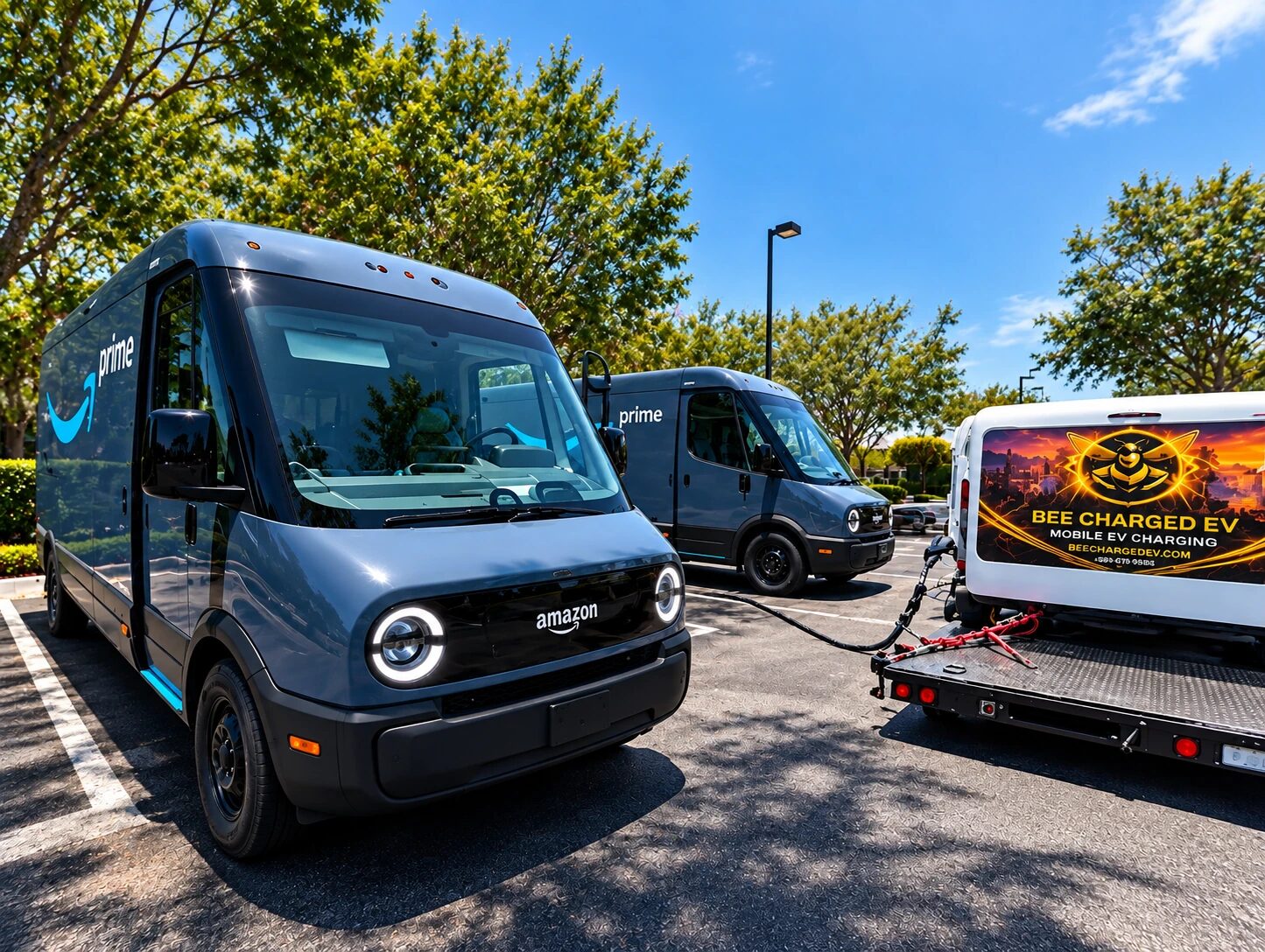 Electric last-mile delivery vans plugged into a mobile DC charging trailer on an open lot