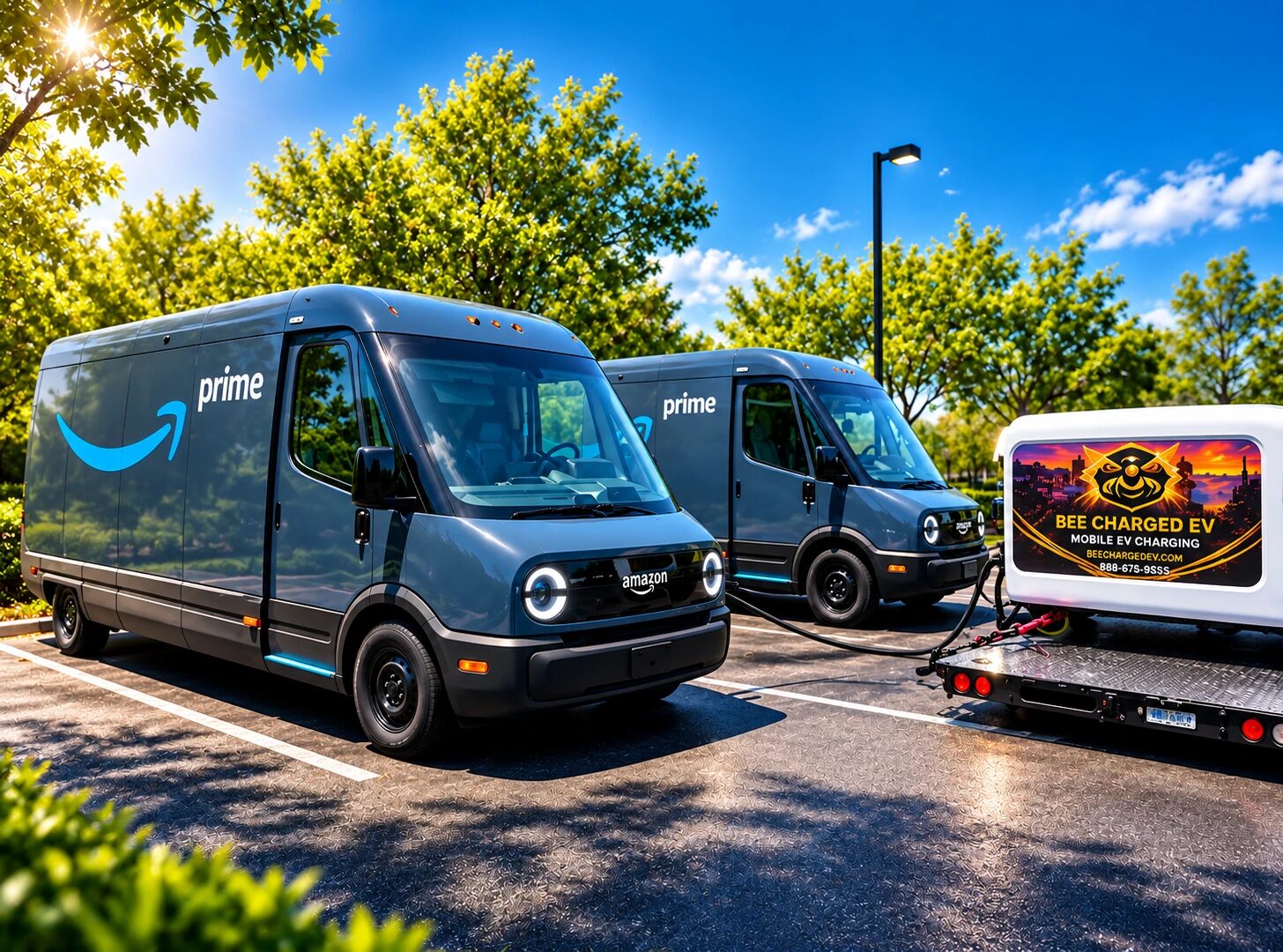 Row of electric delivery vans parked beside a trailer-mounted mobile DC charging unit in a parking lot