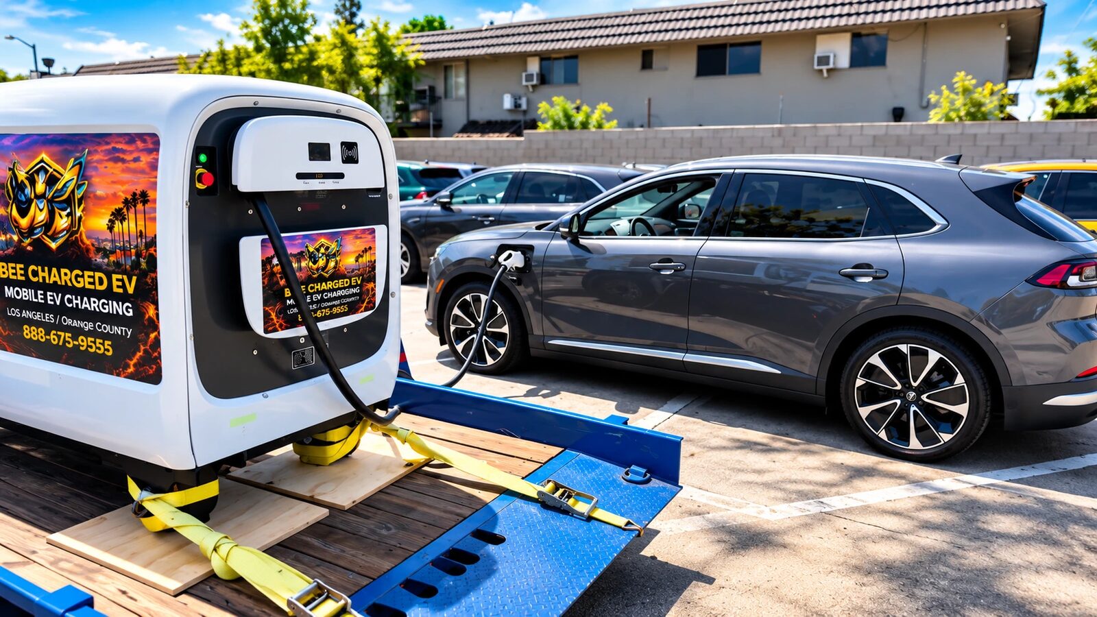 Mobile EV charging unit connected to an electric SUV in Los Angeles