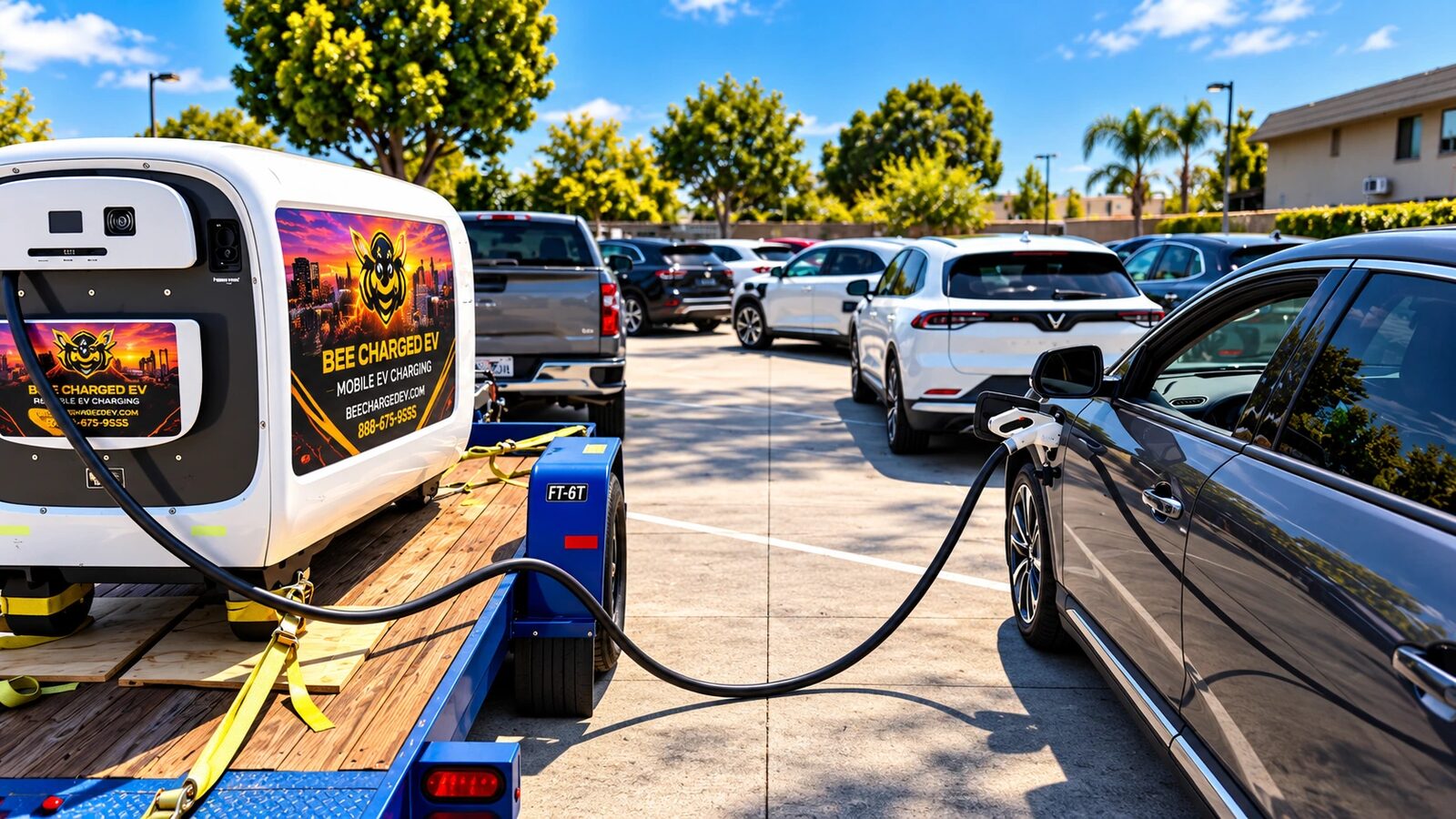 Mobile DC charging trailer connected to an electric sedan in a parking lot