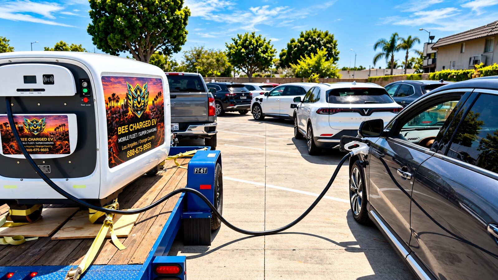 Mobile fleet charging trailer staged on a lot with charging cables ready for vehicles